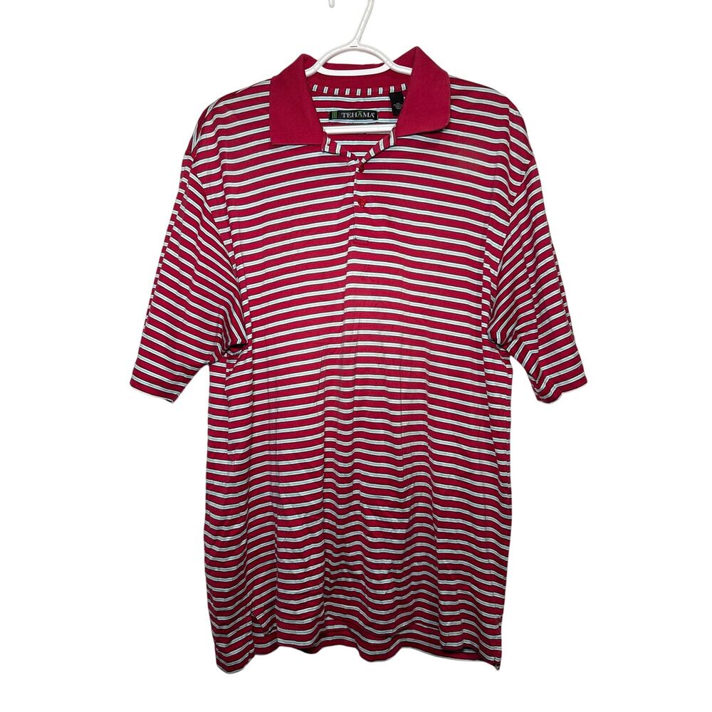 Tehama red striped double‎ mercerized pima cotton polo mens large preppy golf